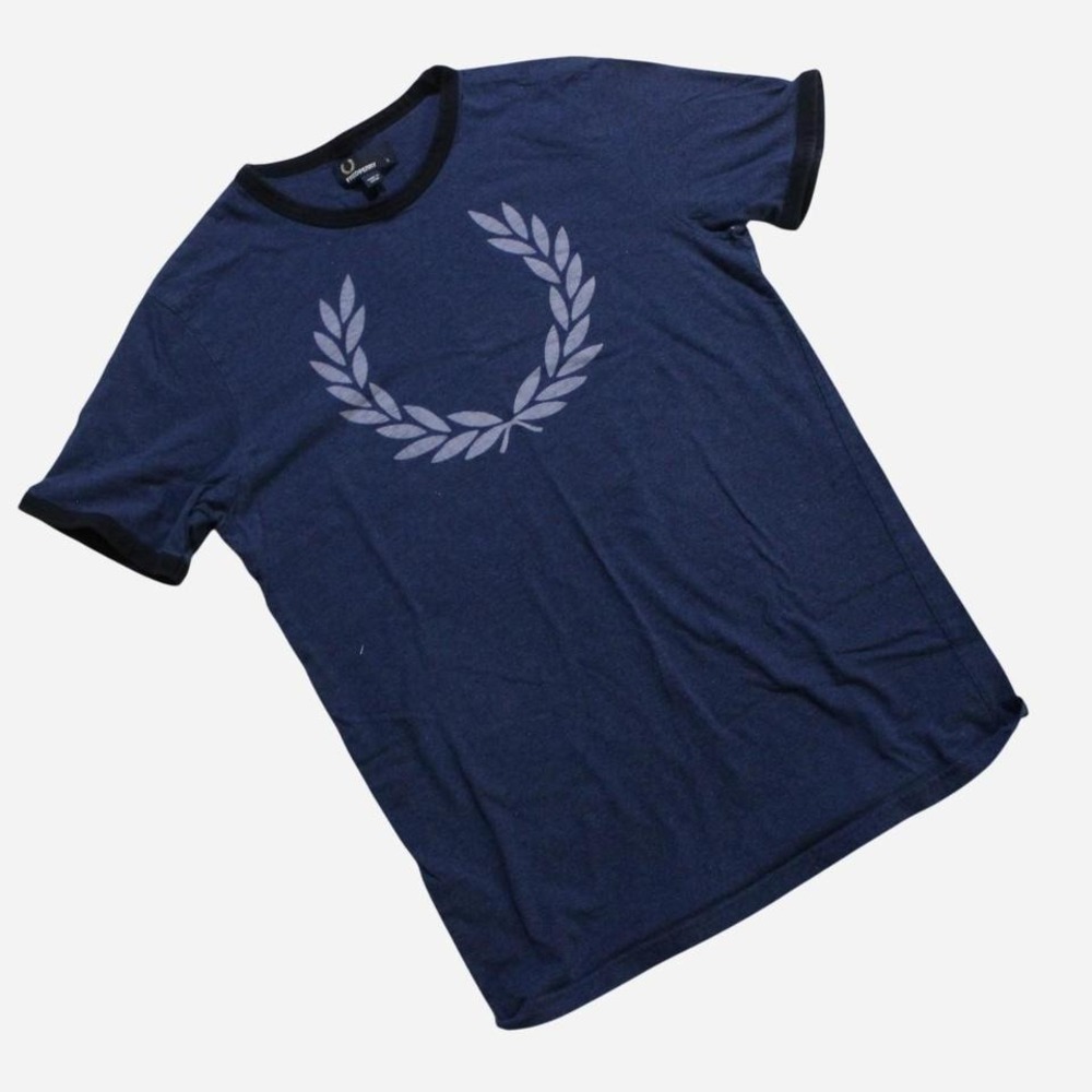 Mens Y2K Retro 80s Ringer Style Blue Logo Wreath Shirt